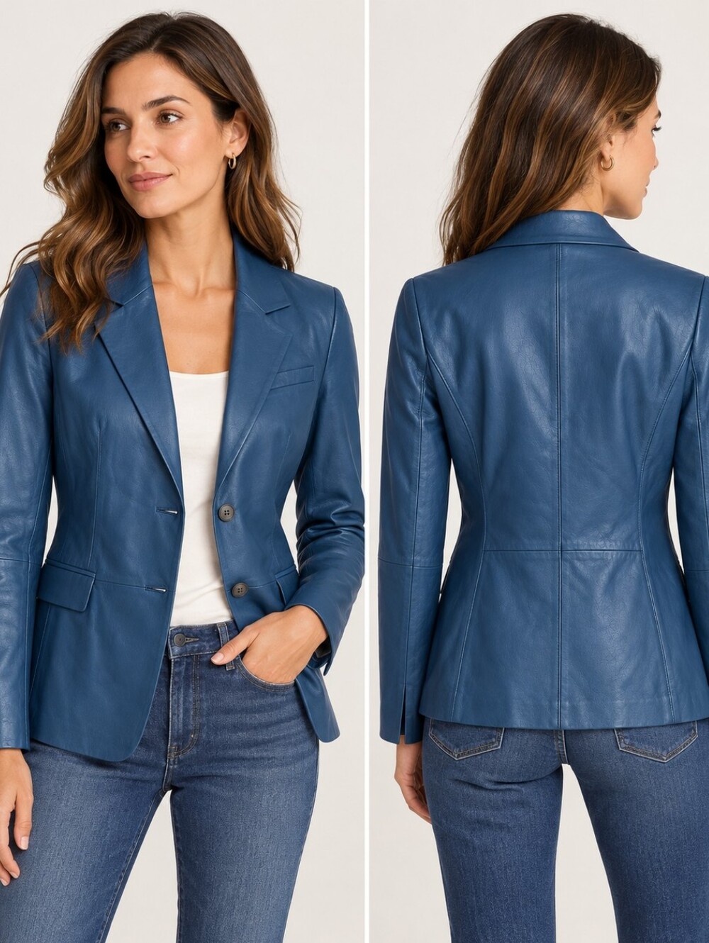 Lafayette 148 Blue Lambskin Leather Blazer Jacket Size 8